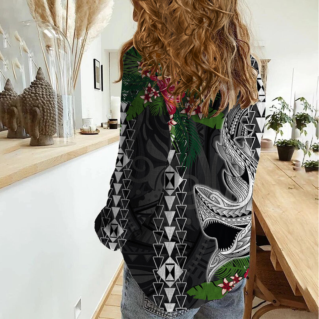 Hawaii Kakau Women Casual Shirt Mix Sharks Polynesian Hibiscus LT6 - Wonder Print Shop