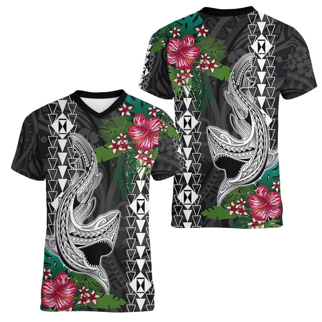 Hawaii Kakau Women V Neck T Shirt Mix Sharks Polynesian Hibiscus LT6 - Wonder Print Shop