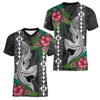 Hawaii Kakau Women V Neck T Shirt Mix Sharks Polynesian Hibiscus LT6 - Wonder Print Shop