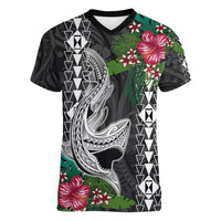 Hawaii Kakau Women V Neck T Shirt Mix Sharks Polynesian Hibiscus LT6 - Wonder Print Shop