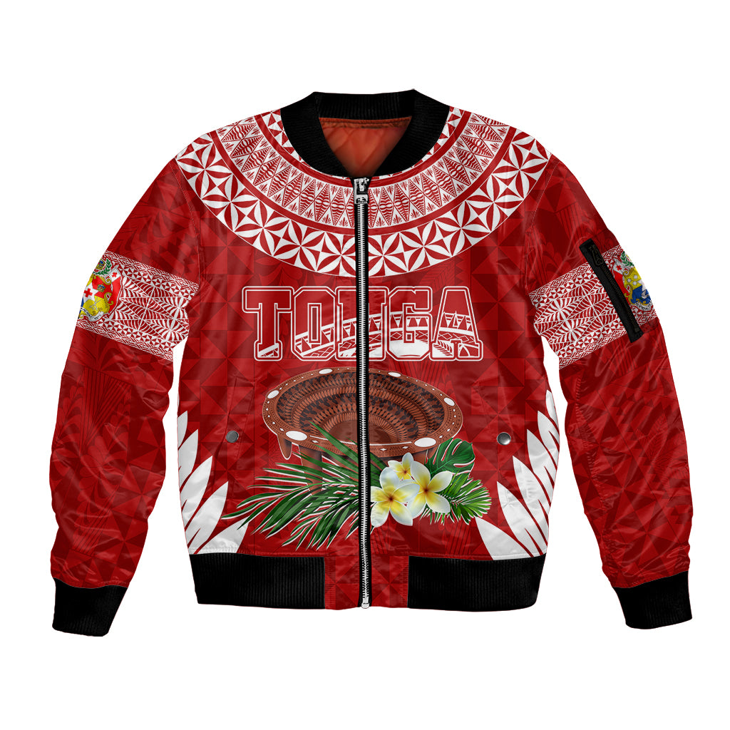 Personalised Tonga Independence Day Sleeve Zip Bomber Jacket Kumete Kava Bowl With Plumeria - Wonder Print Shop
