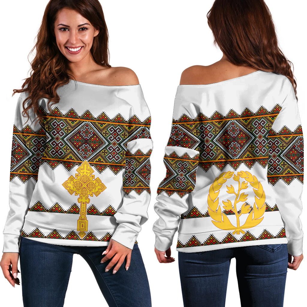 Eritrea Off Shoulder Sweater Tilet Mix Eritrean Cross - White - Wonder Print Shop