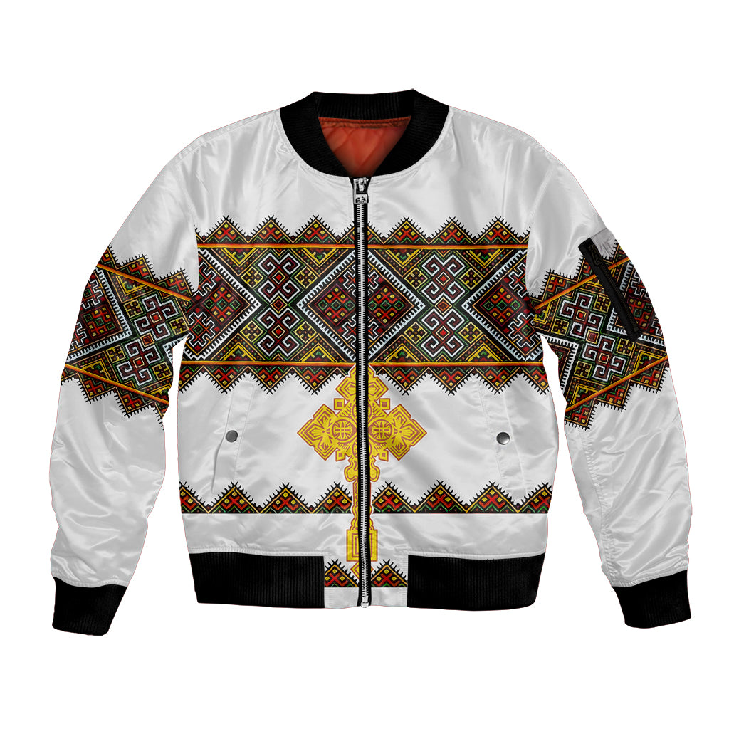 Eritrea Sleeve Zip Bomber Jacket Tilet Mix Eritrean Cross - White - Wonder Print Shop