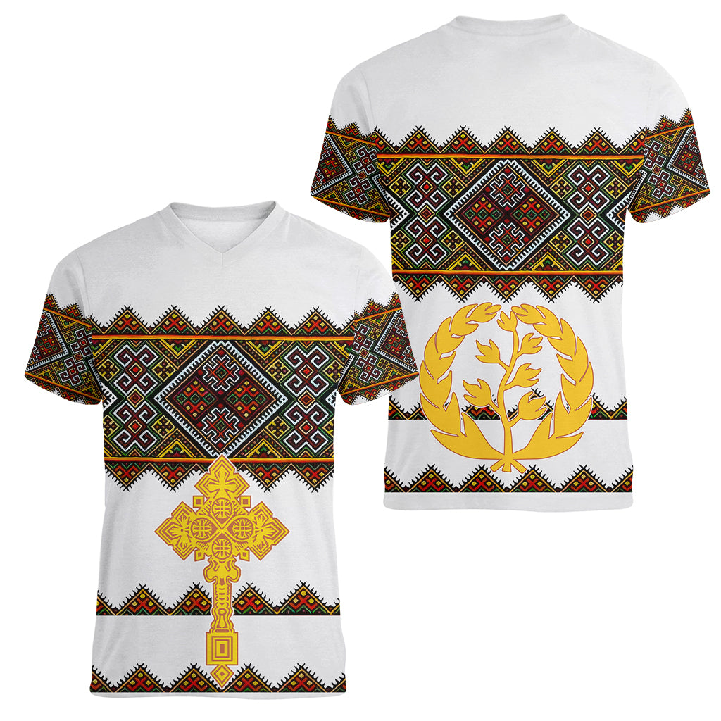 Eritrea Women V Neck T Shirt Tilet Mix Eritrean Cross - White - Wonder Print Shop