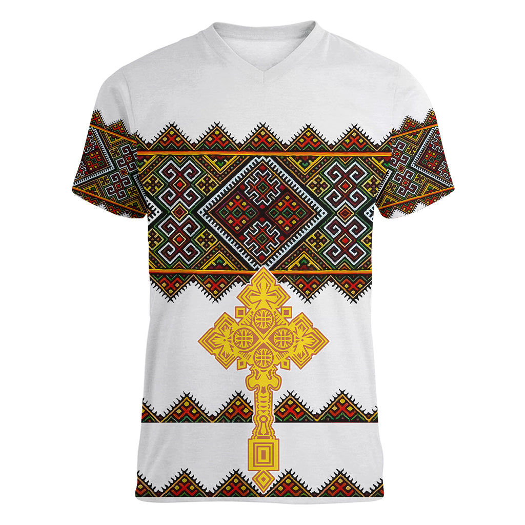 Eritrea Women V Neck T Shirt Tilet Mix Eritrean Cross - White - Wonder Print Shop