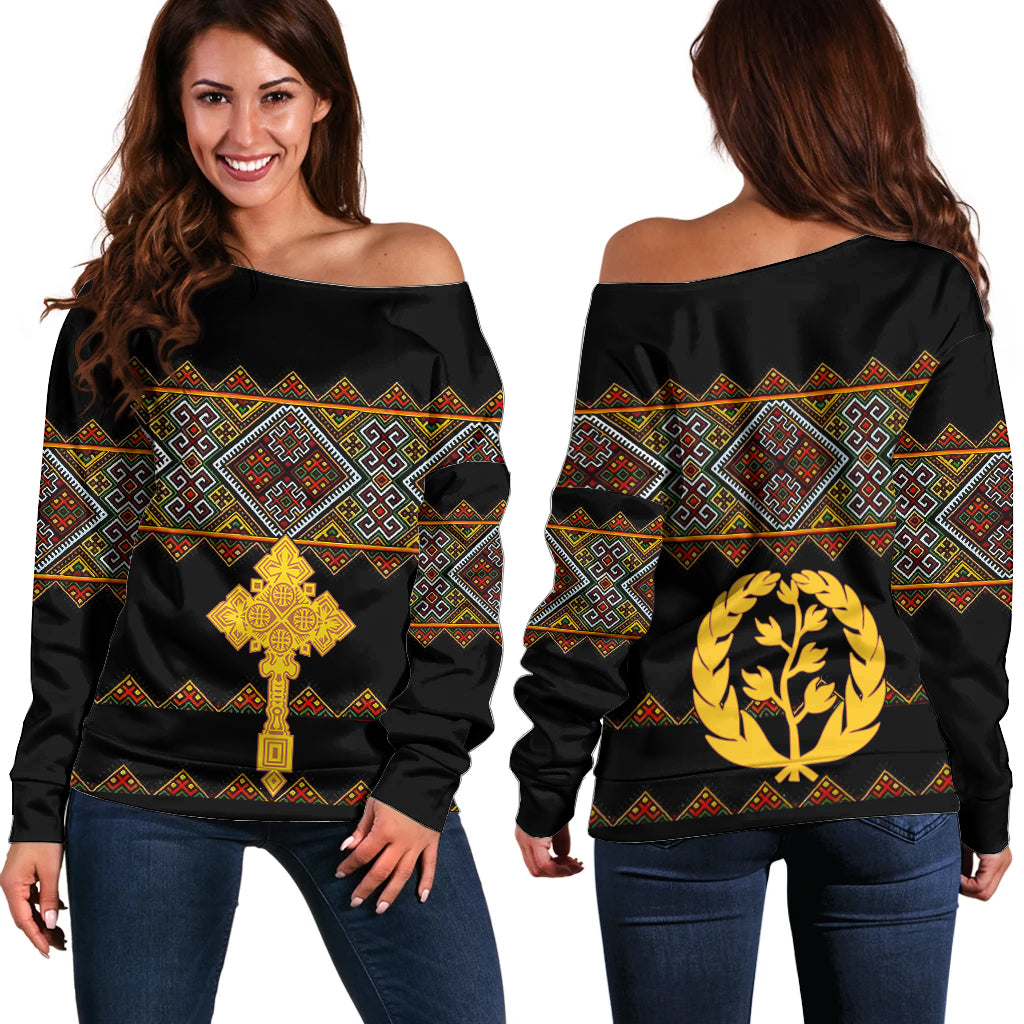 Eritrea Off Shoulder Sweater Tilet Mix Eritrean Cross - Black - Wonder Print Shop