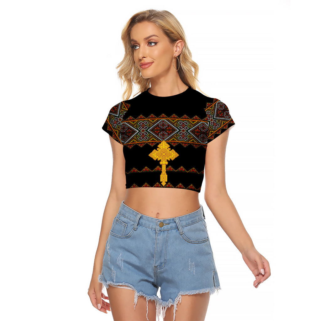 Eritrea Raglan Cropped T Shirt Tilet Mix Eritrean Cross - Black - Wonder Print Shop
