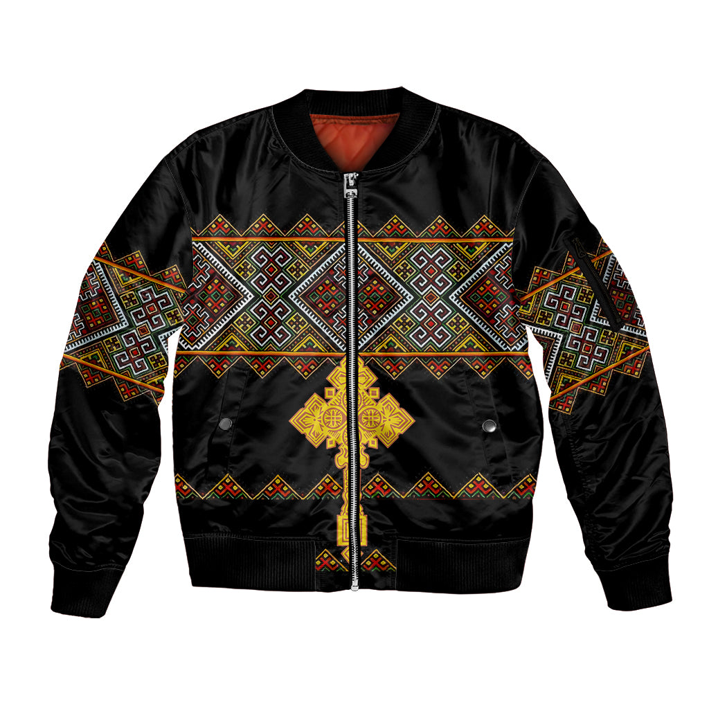 Eritrea Sleeve Zip Bomber Jacket Tilet Mix Eritrean Cross - Black - Wonder Print Shop