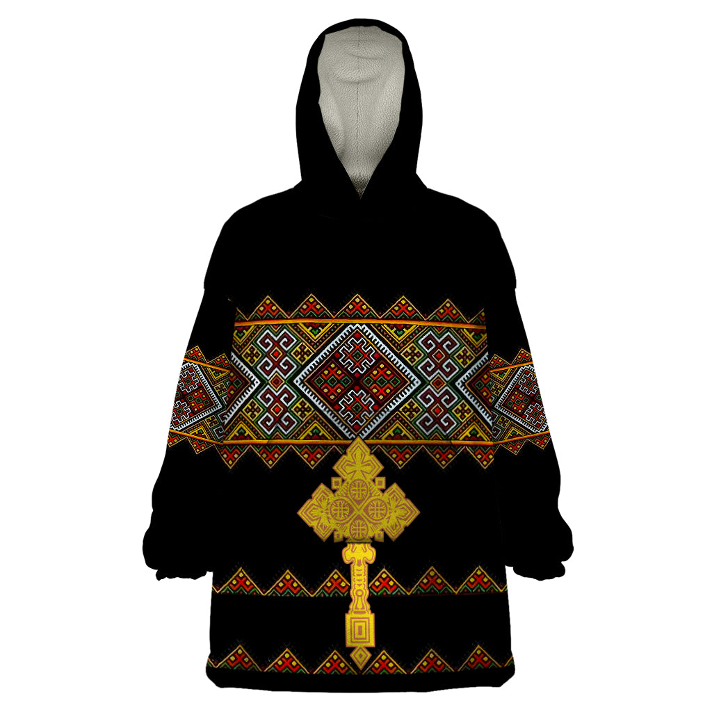 Eritrea Wearable Blanket Hoodie Tilet Mix Eritrean Cross - Black - Wonder Print Shop