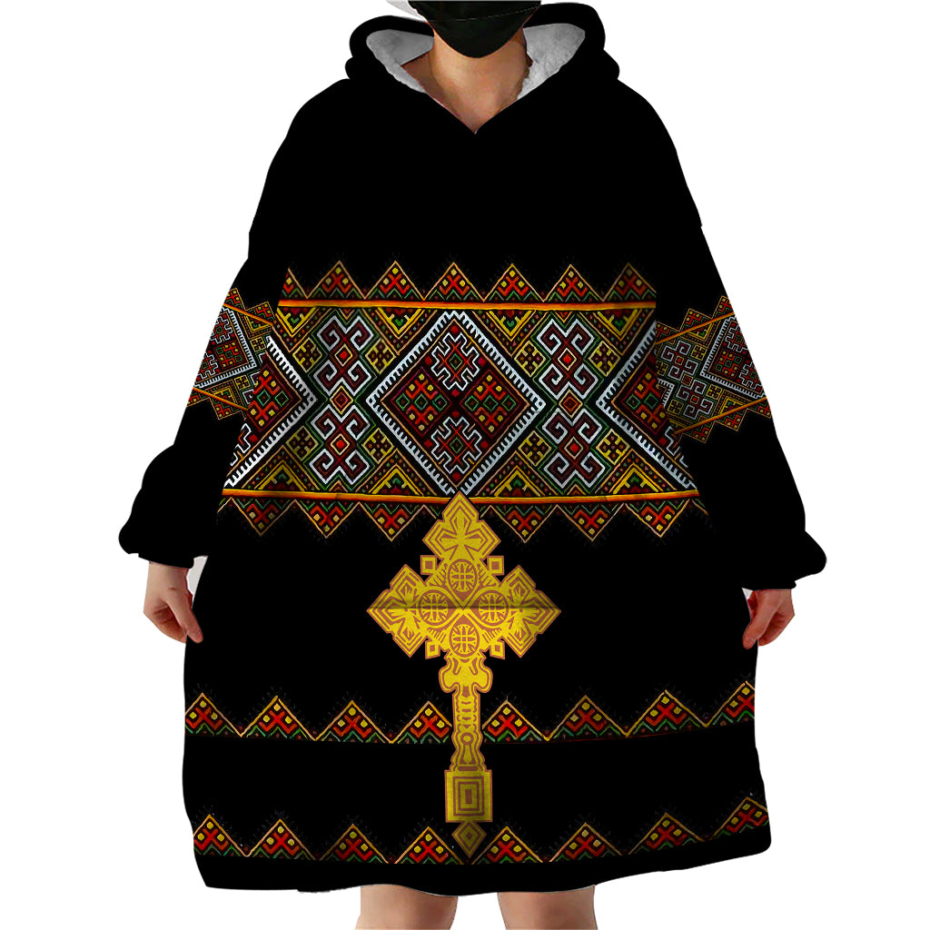 Eritrea Wearable Blanket Hoodie Tilet Mix Eritrean Cross - Black - Wonder Print Shop