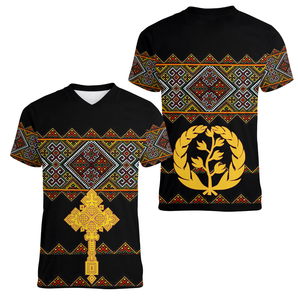 Eritrea Women V Neck T Shirt Tilet Mix Eritrean Cross - Black - Wonder Print Shop