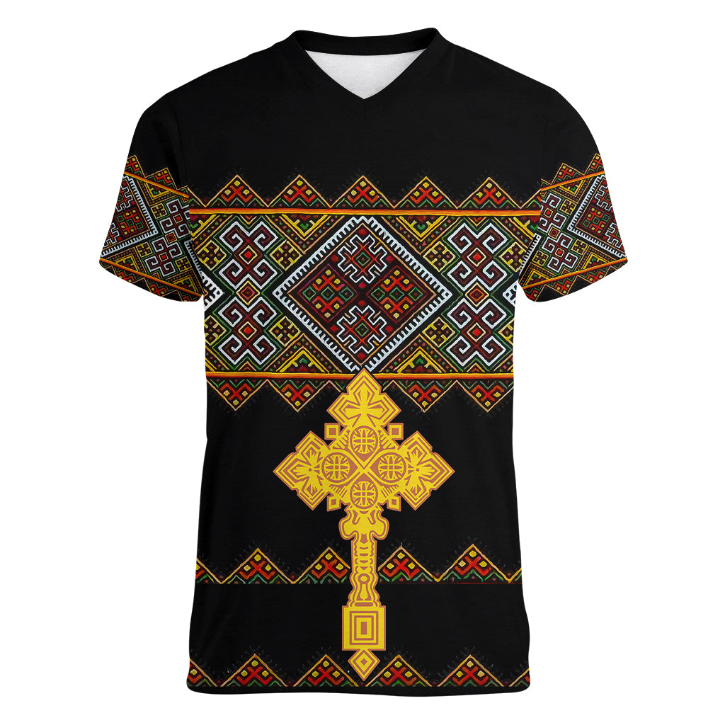 Eritrea Women V Neck T Shirt Tilet Mix Eritrean Cross - Black - Wonder Print Shop