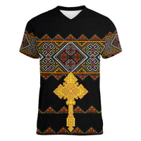 Eritrea Women V Neck T Shirt Tilet Mix Eritrean Cross - Black - Wonder Print Shop
