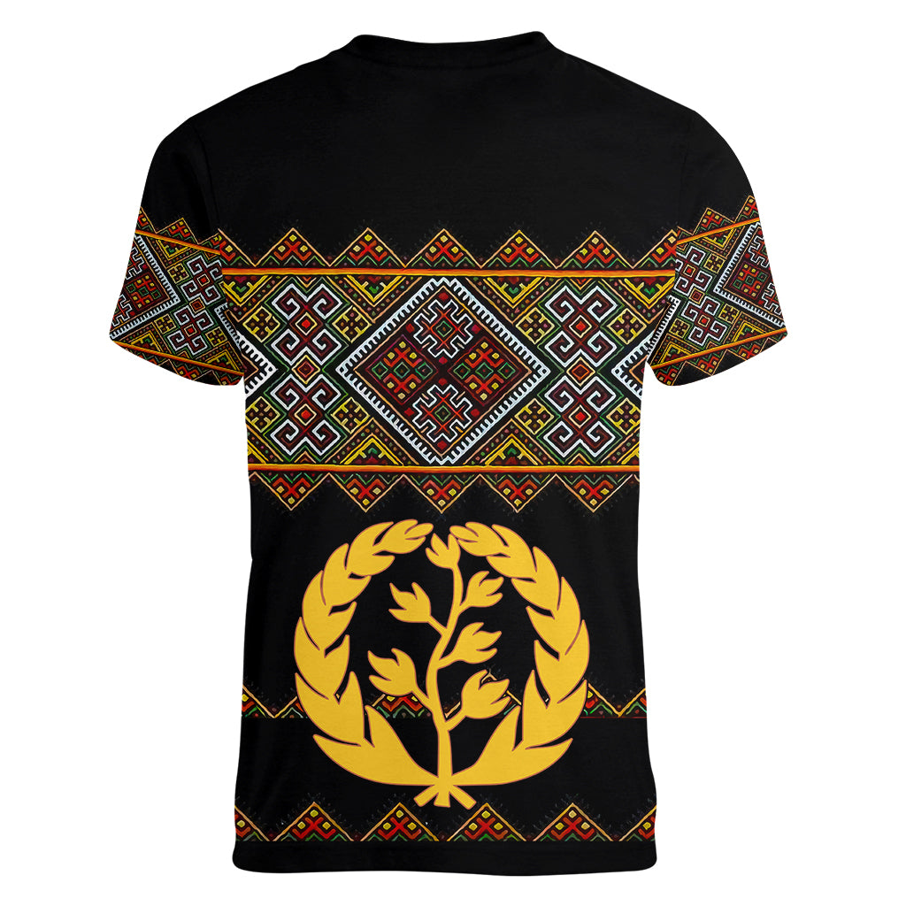 Eritrea Women V Neck T Shirt Tilet Mix Eritrean Cross - Black - Wonder Print Shop