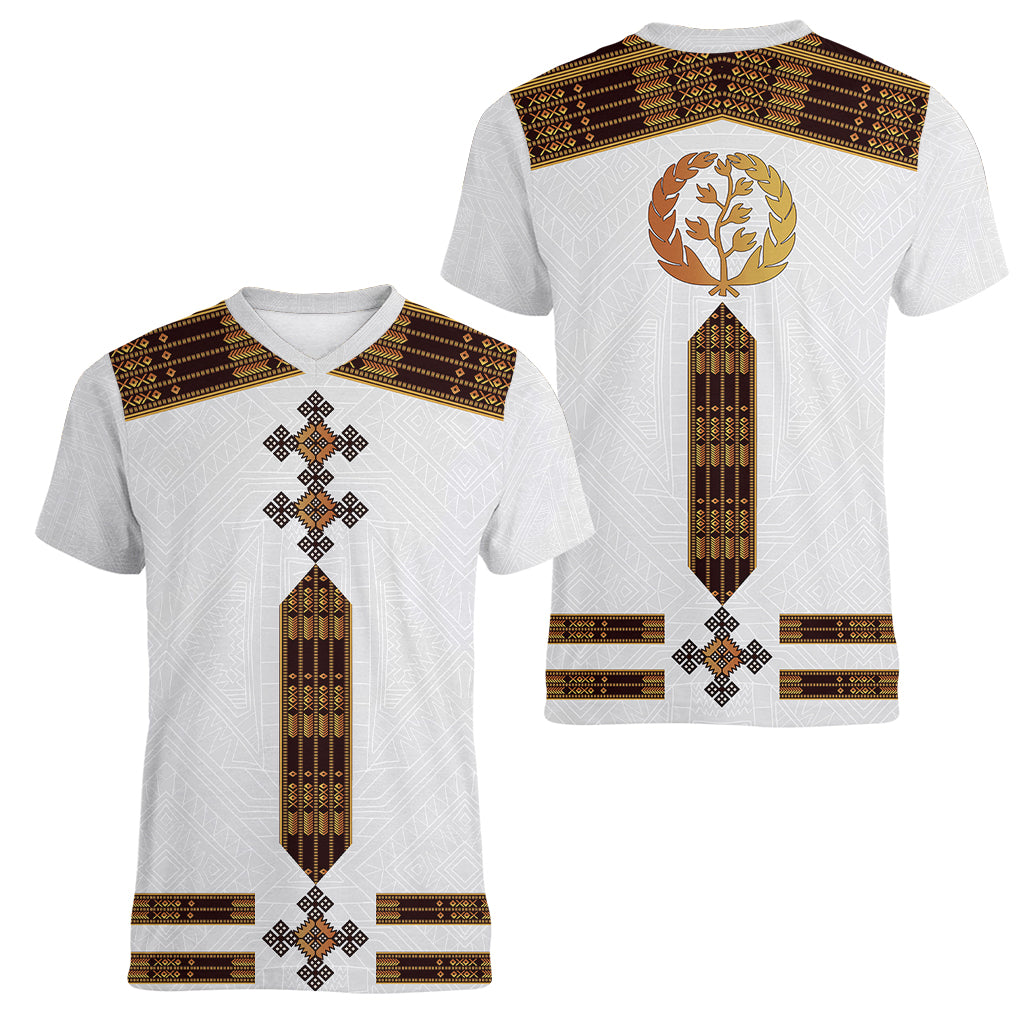 Eritrea Women V Neck T Shirt Tilet Habesha Style - White - Wonder Print Shop