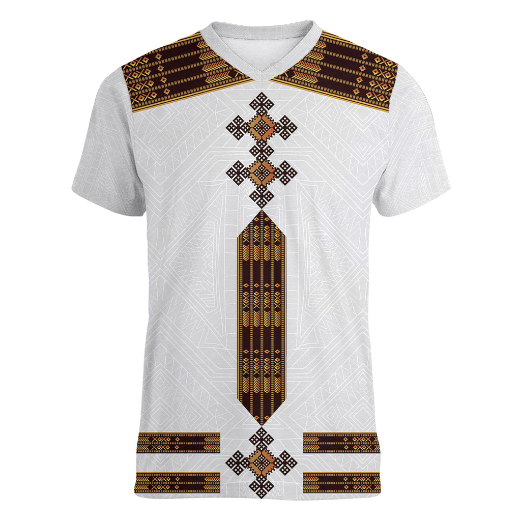 Eritrea Women V Neck T Shirt Tilet Habesha Style - White - Wonder Print Shop
