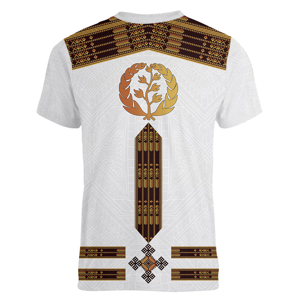 Eritrea Women V Neck T Shirt Tilet Habesha Style - White - Wonder Print Shop