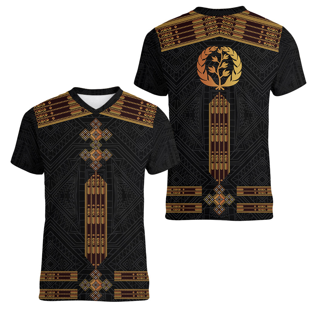 Eritrea Women V Neck T Shirt Tilet Habesha Style - Black - Wonder Print Shop