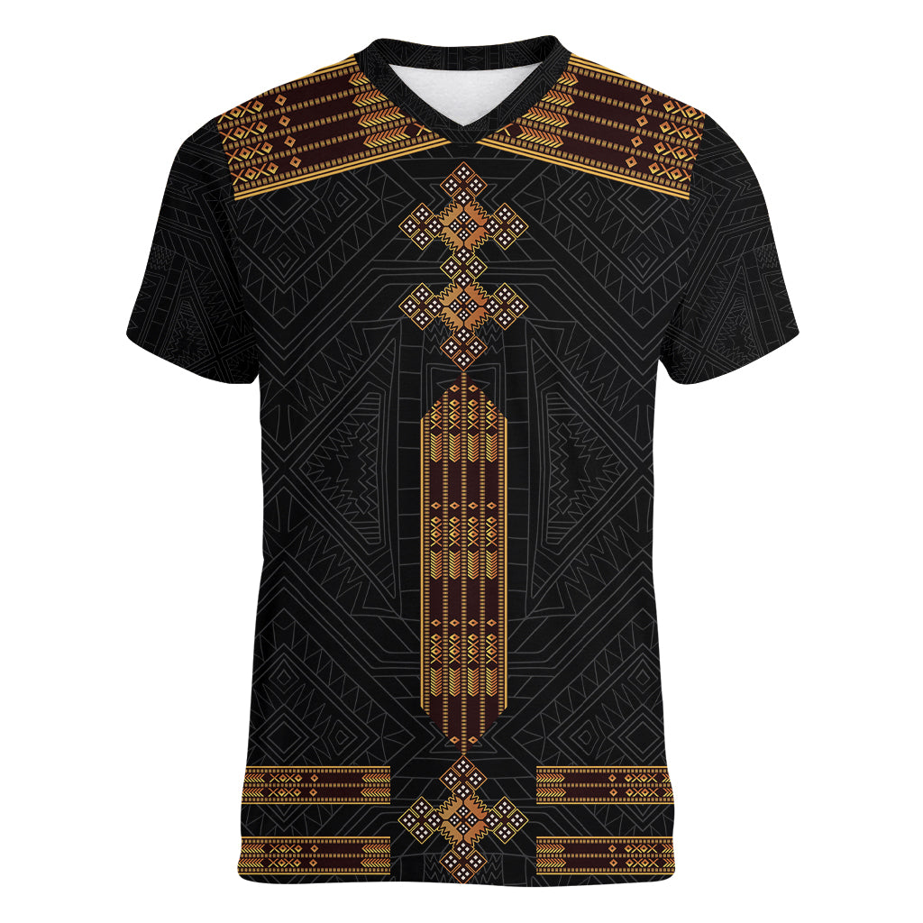 Eritrea Women V Neck T Shirt Tilet Habesha Style - Black - Wonder Print Shop