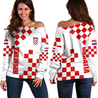 Croatia National Day Off Shoulder Sweater Checkerboard Hrvatska Simple Style 01 - Wonder Print Shop