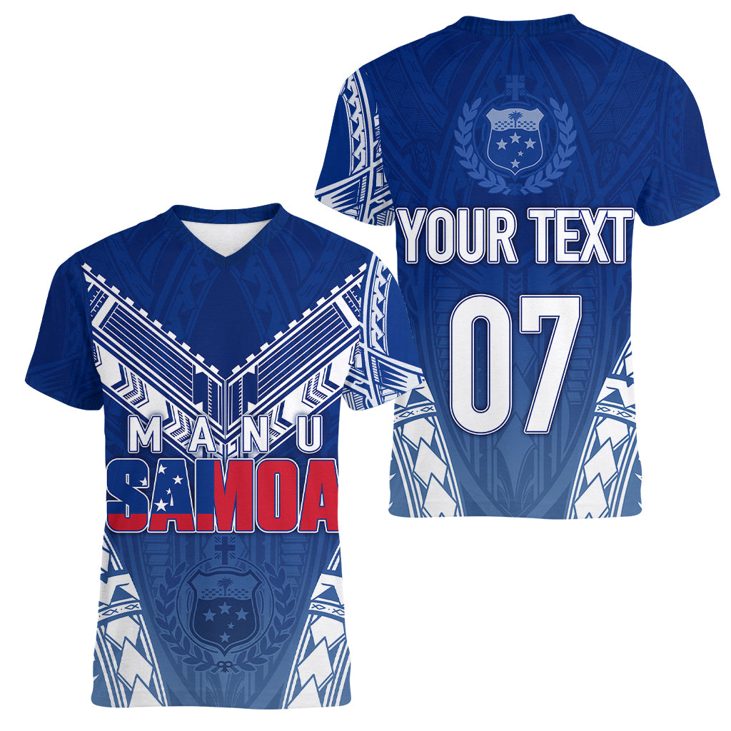 Personalised Samoa Rugby Women V Neck T Shirt Manu Samoa Gradient Blue - Wonder Print Shop