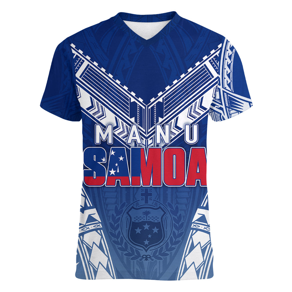 Personalised Samoa Rugby Women V Neck T Shirt Manu Samoa Gradient Blue - Wonder Print Shop