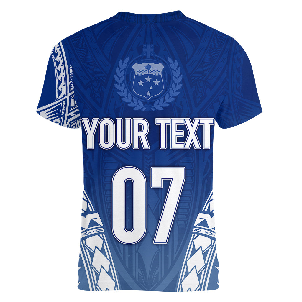 Personalised Samoa Rugby Women V Neck T Shirt Manu Samoa Gradient Blue - Wonder Print Shop