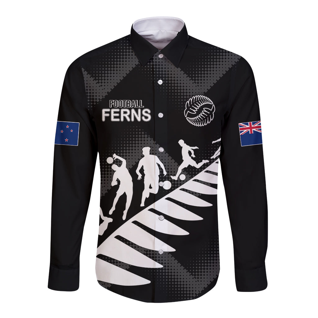 Personalised New Zealand Football Ferns Long Sleeve Button Shirt Women World Cup 2023 Sporty Vibes - Wonder Print Shop