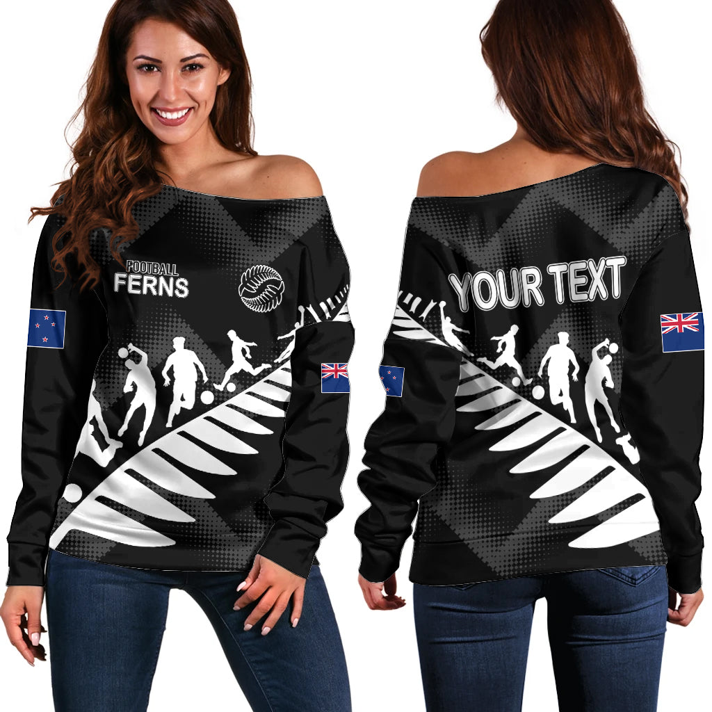 Personalised New Zealand Football Ferns Off Shoulder Sweater Women World Cup 2023 Sporty Vibes - Wonder Print Shop