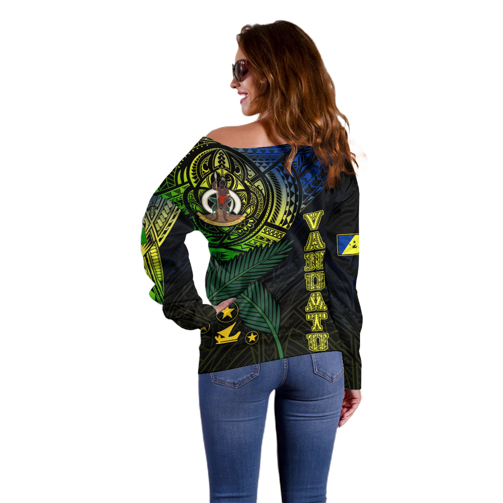 Personalised Vanuatu Off Shoulder Sweater Turtle Chest Tattoo Flag Color - Malampa - Wonder Print Shop