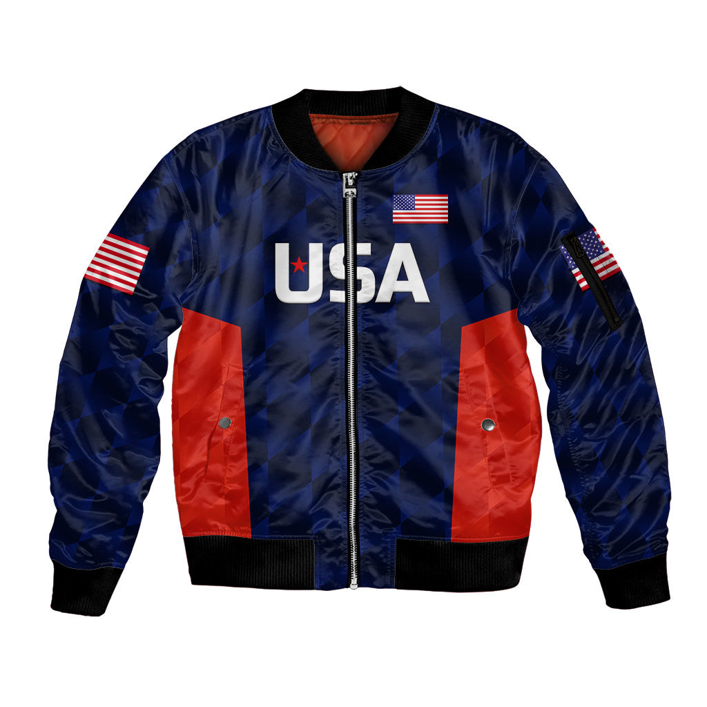 (Custom Personalised) United States National Cricket Sleeve Zip Bomber Jacket Team USA Cricket Navy LT8 - Wonder Print Shop