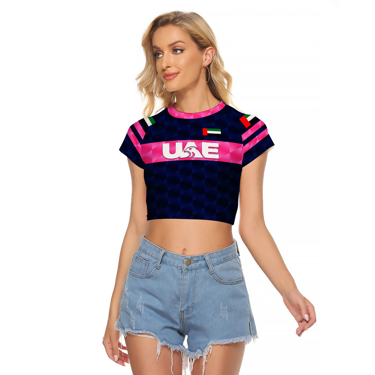 (Custom Personalised) United Arab Emirates UAE Cricket Raglan Cropped T Shirt Falcon Unique - Navy LT8 - Wonder Print Shop