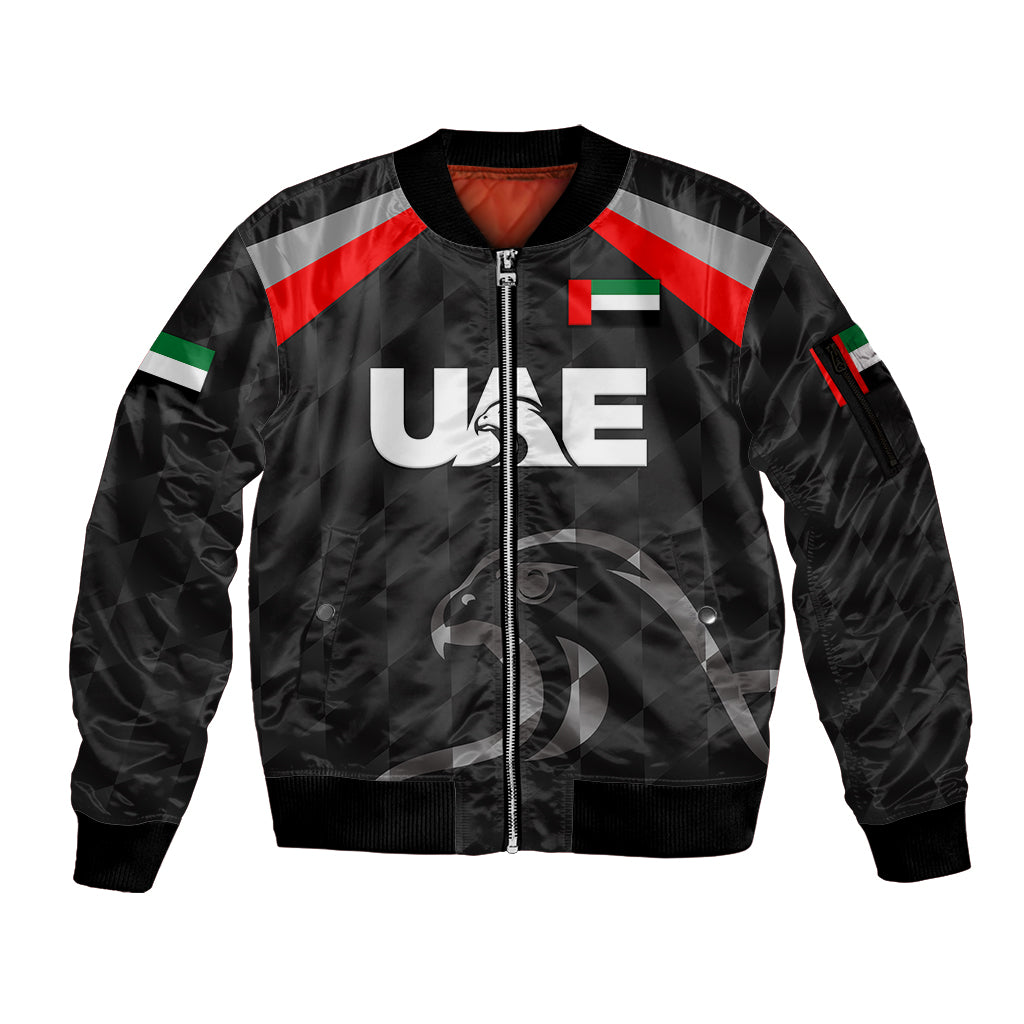 (Custom Personalised) United Arab Emirates UAE Cricket Sleeve Zip Bomber Jacket Falcon Special - Black LT8 - Wonder Print Shop