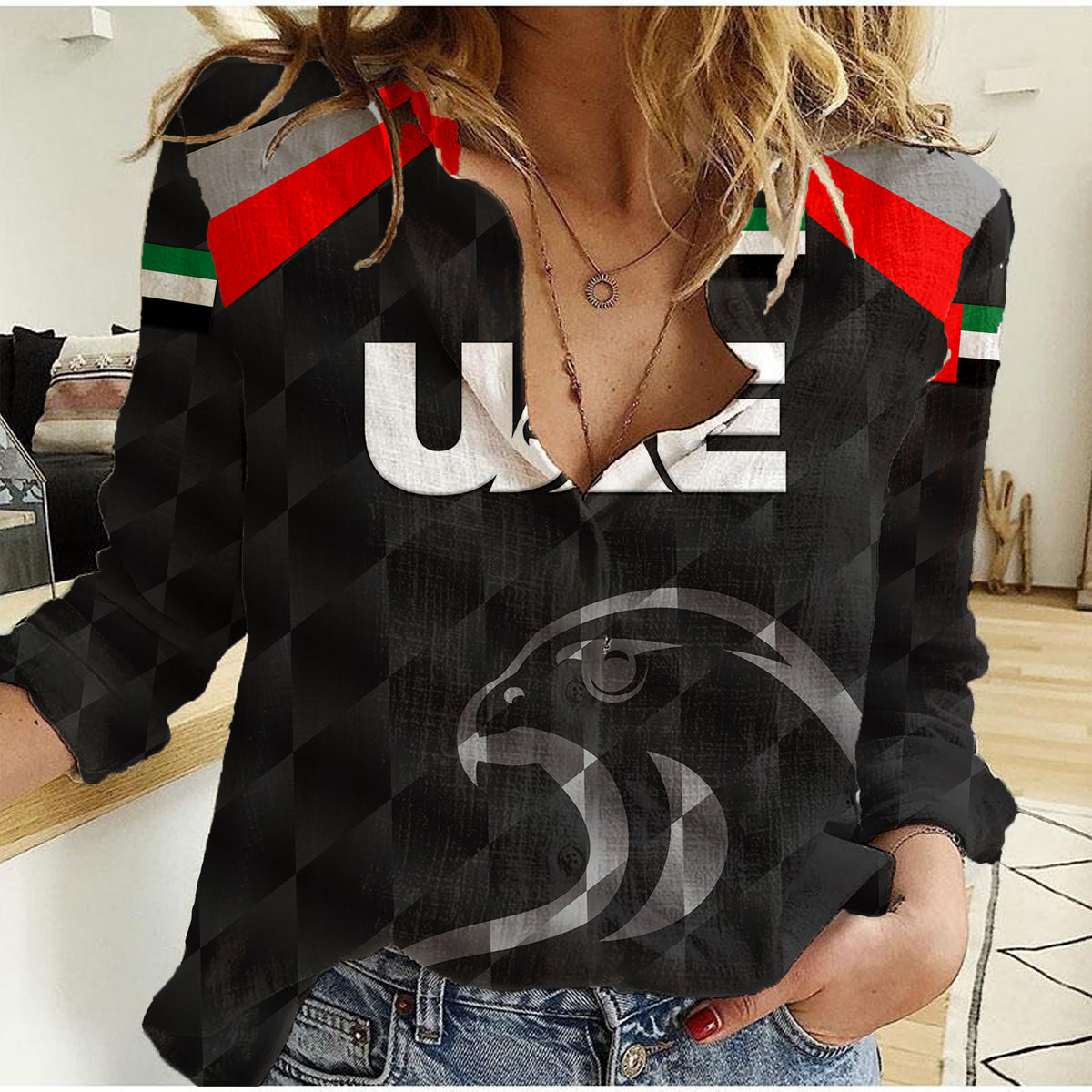(Custom Personalised) United Arab Emirates UAE Cricket Women Casual Shirt Falcon Special - Black LT8 - Wonder Print Shop