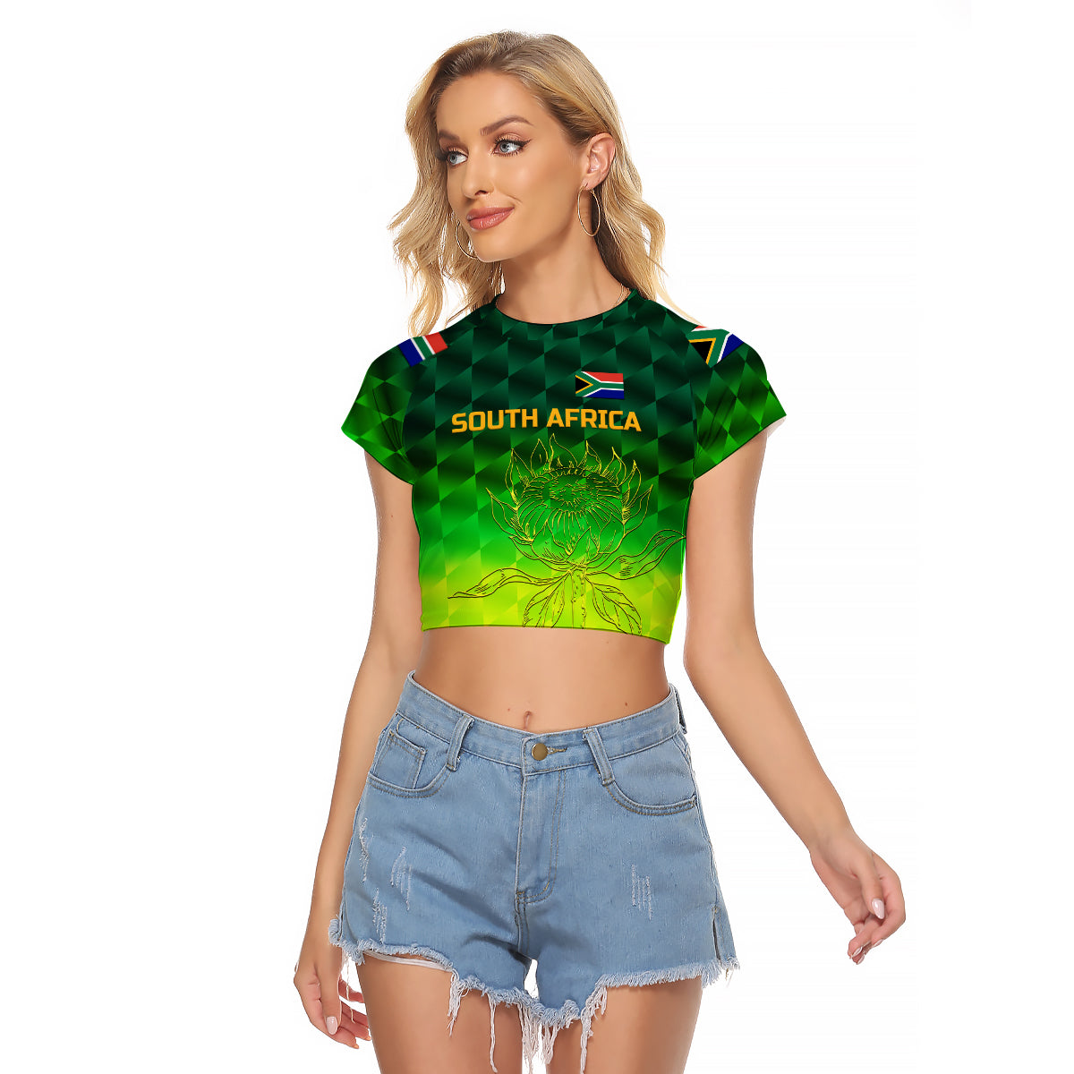(Custom Personalised) South Africa Proteas Cricket Raglan Cropped T Shirt Simple - Gradient Green LT8 - Wonder Print Shop