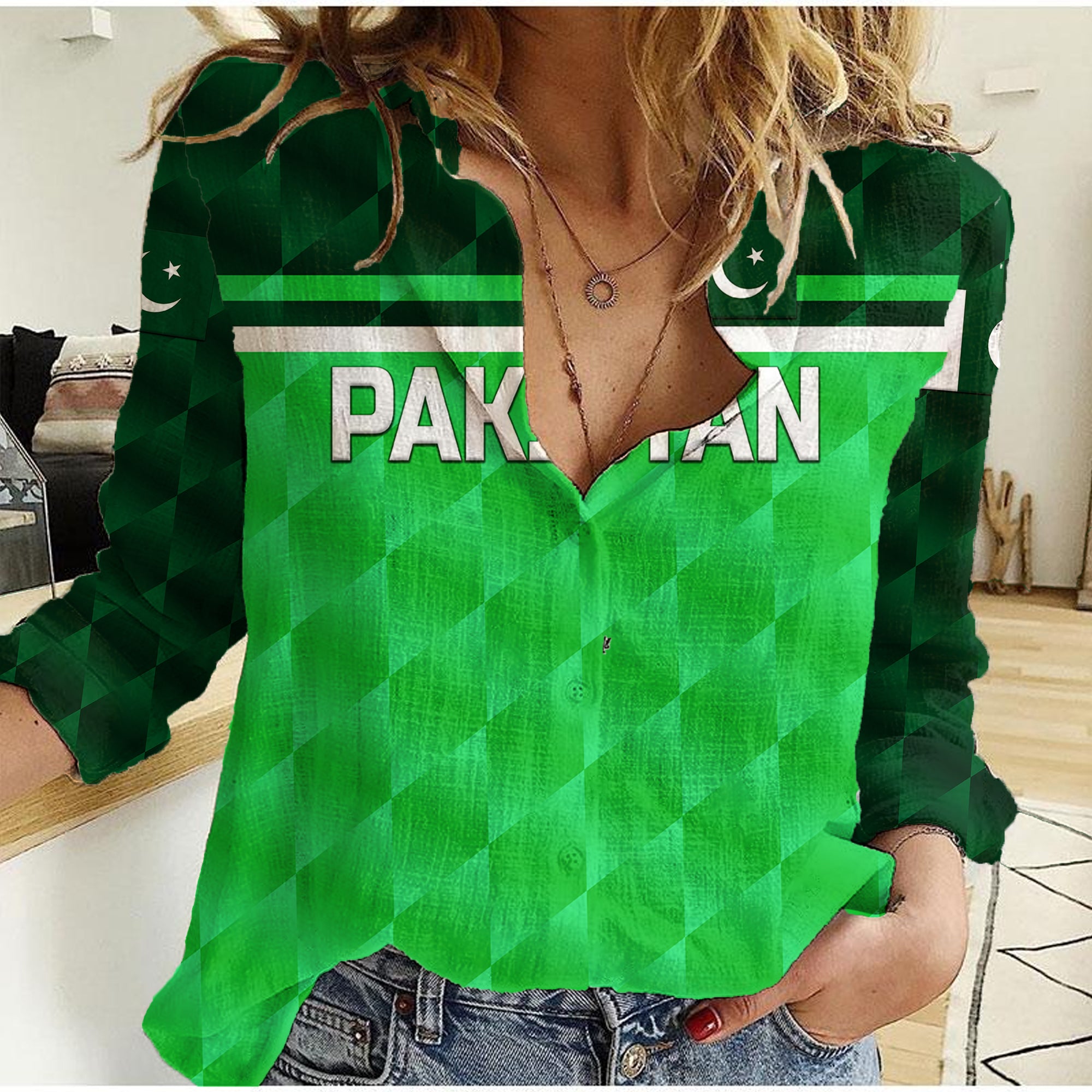 custom-personalised-pakistan-cricket-women-casual-shirt-pak-shaheens-unique-green