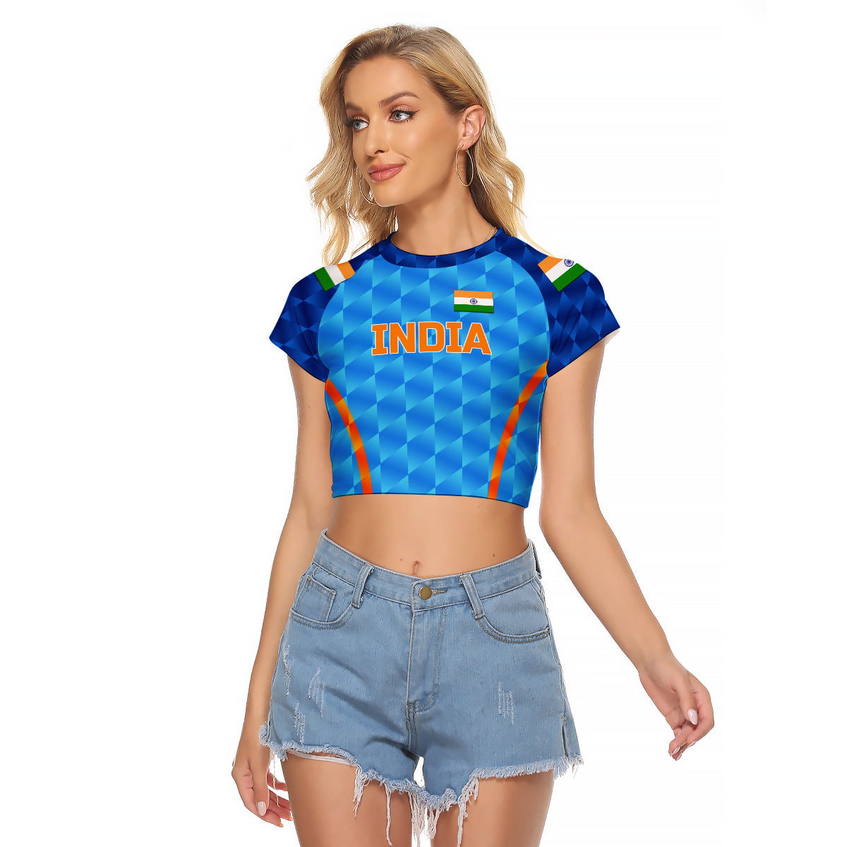 (Custom Personalised) India Cricket Raglan Cropped T Shirt Men In Blue Unique - Light Blue LT8 - Wonder Print Shop