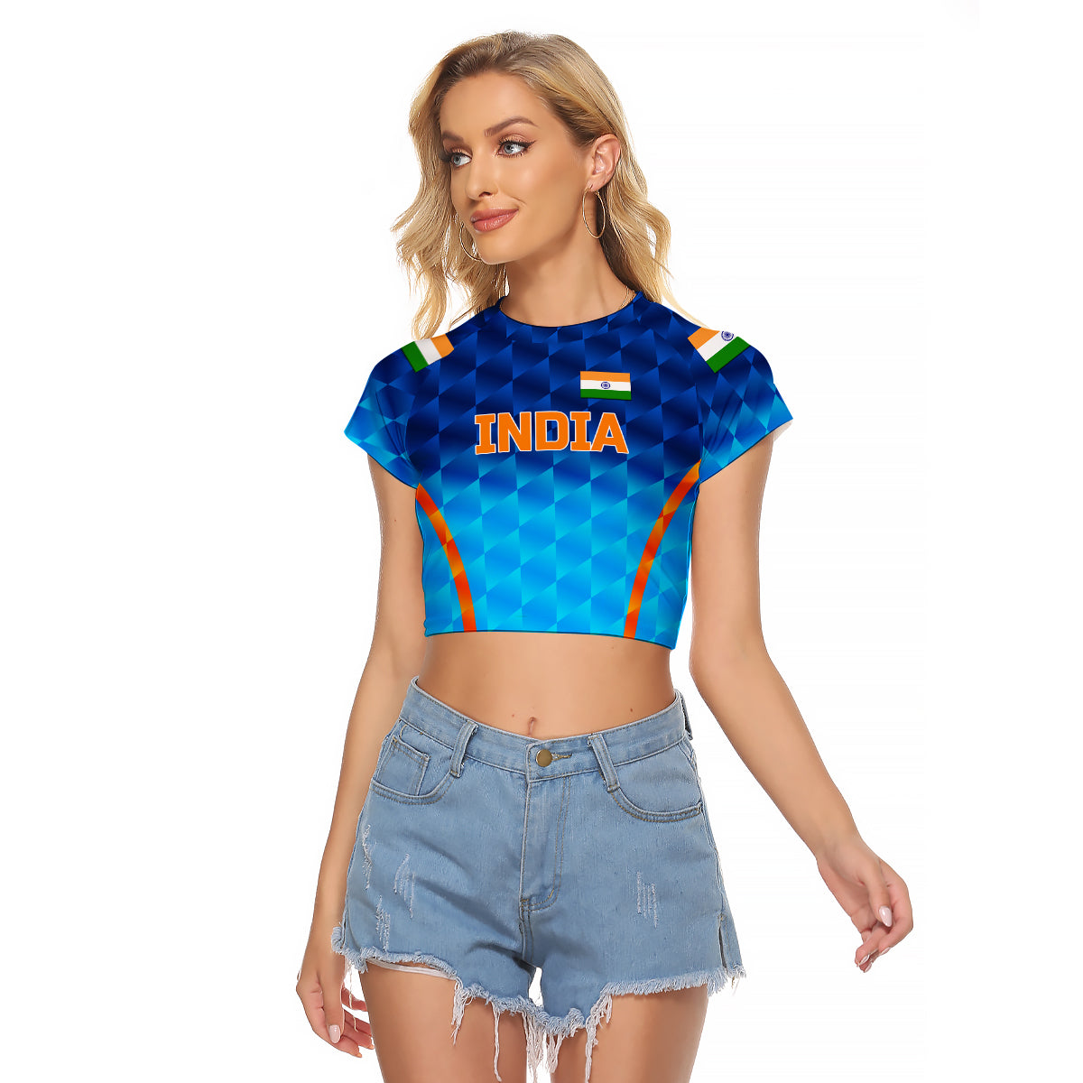 (Custom Personalised) India Cricket Raglan Cropped T Shirt Men In Blue Unique - Gradient Blue LT8 - Wonder Print Shop