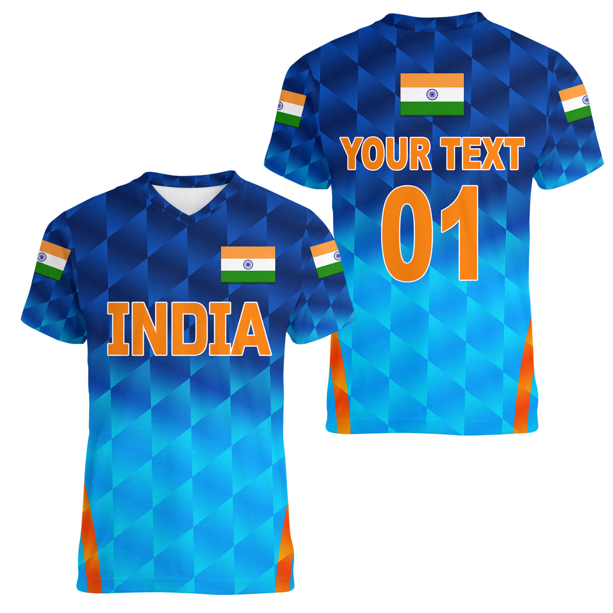 (Custom Personalised) India Cricket Women V Neck T Shirt Men In Blue Unique - Gradient Blue LT8 - Wonder Print Shop