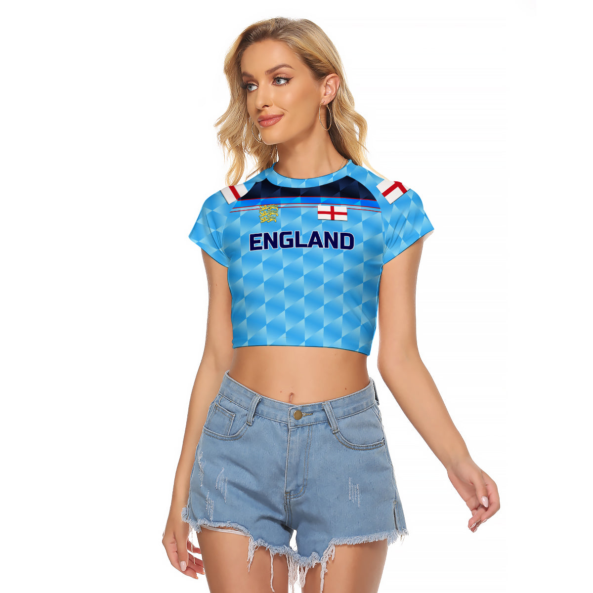 (Custom Personalised) England Cricket Raglan Cropped T Shirt Unique - Blue LT8 - Wonder Print Shop