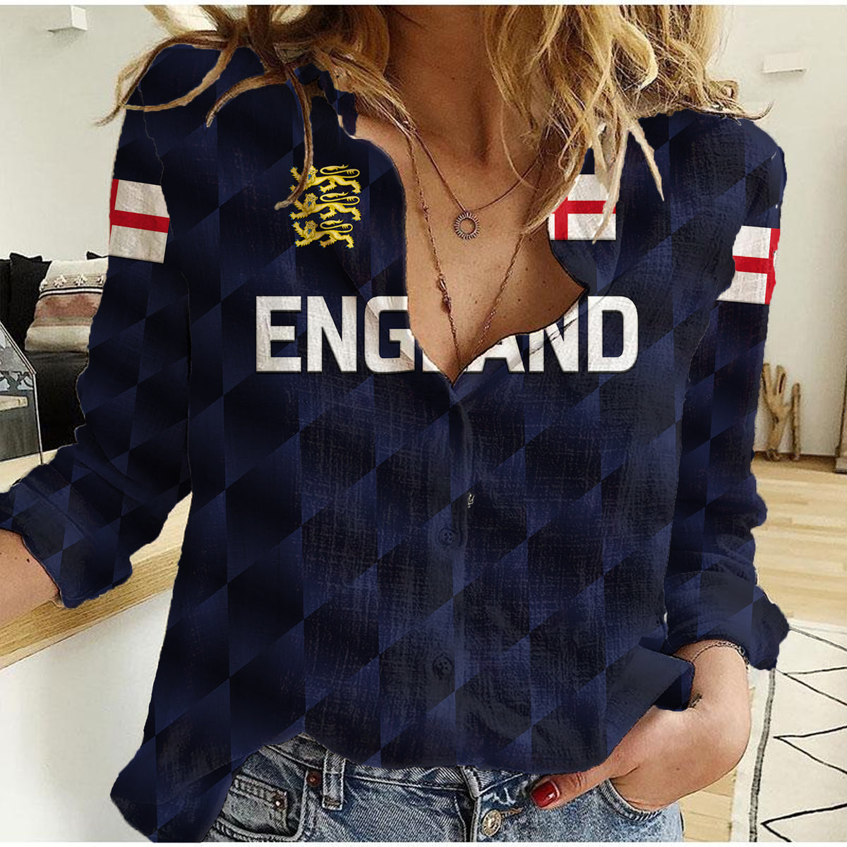 (Custom Personalised) England Cricket Women Casual Shirt Unique - Navy LT8 - Wonder Print Shop
