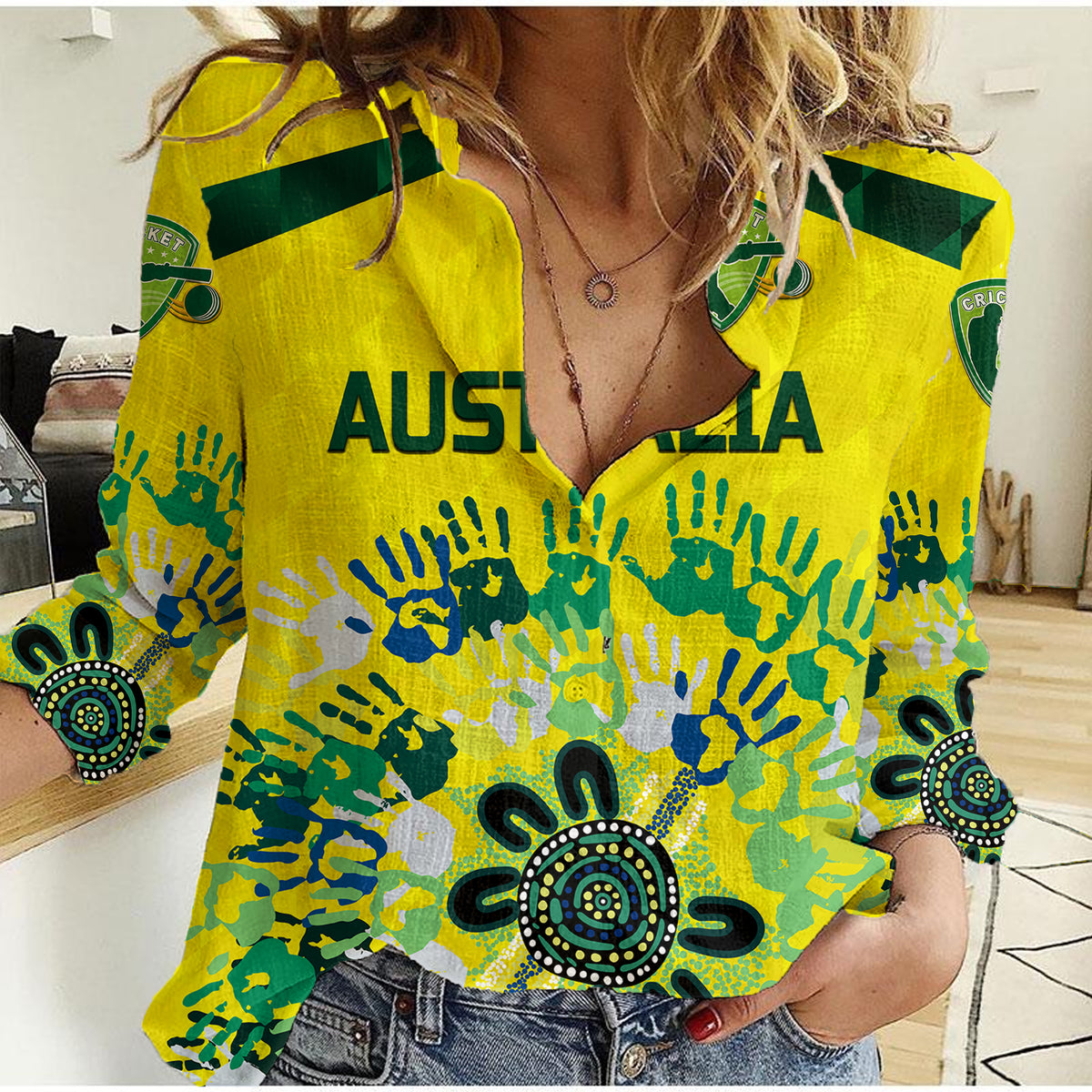 (Custom Personalised) Australia Cricket Women Casual Shirt Aboriginal Style Unique - Yellow LT8 - Wonder Print Shop