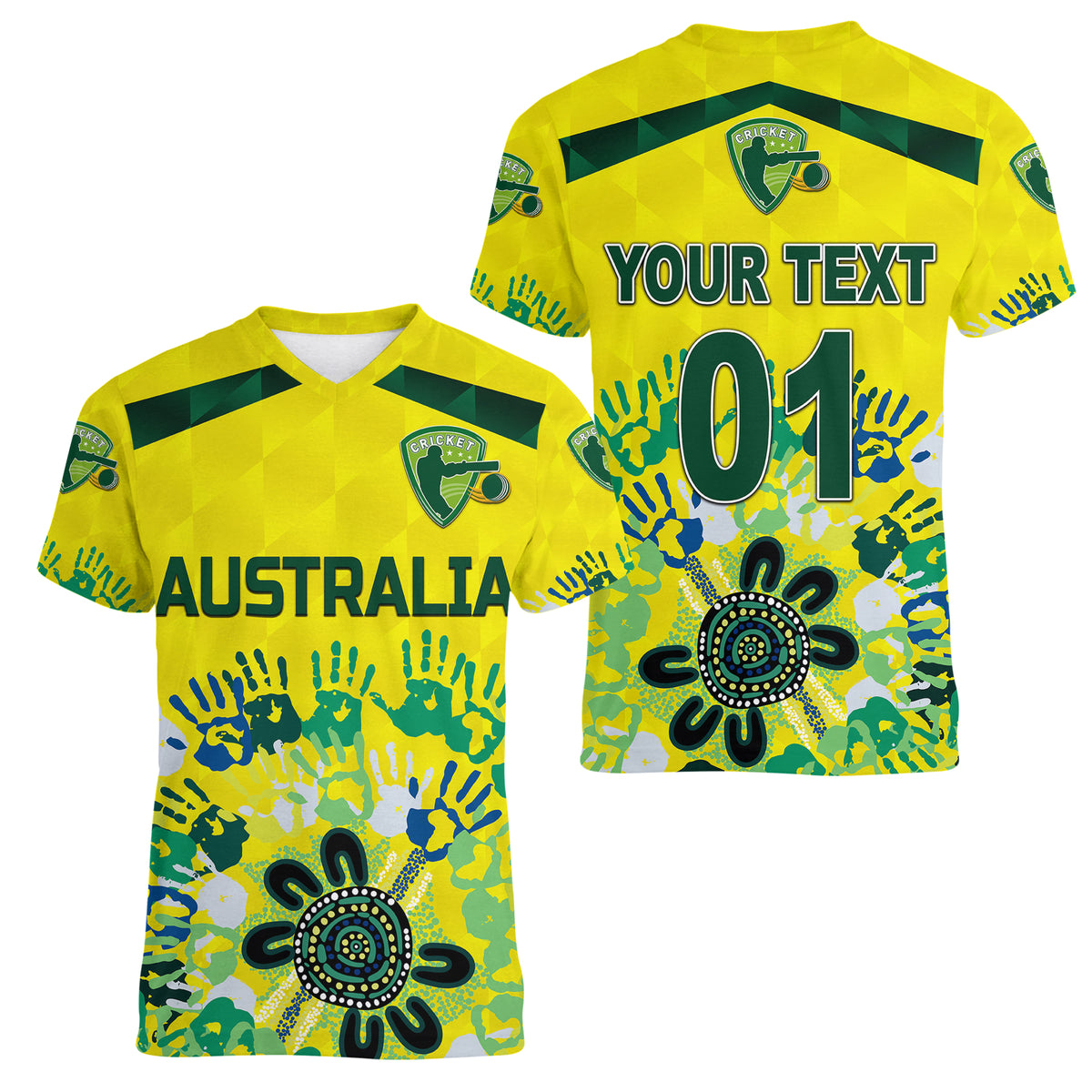(Custom Personalised) Australia Cricket Women V Neck T Shirt Aboriginal Style Unique - Yellow LT8 - Wonder Print Shop