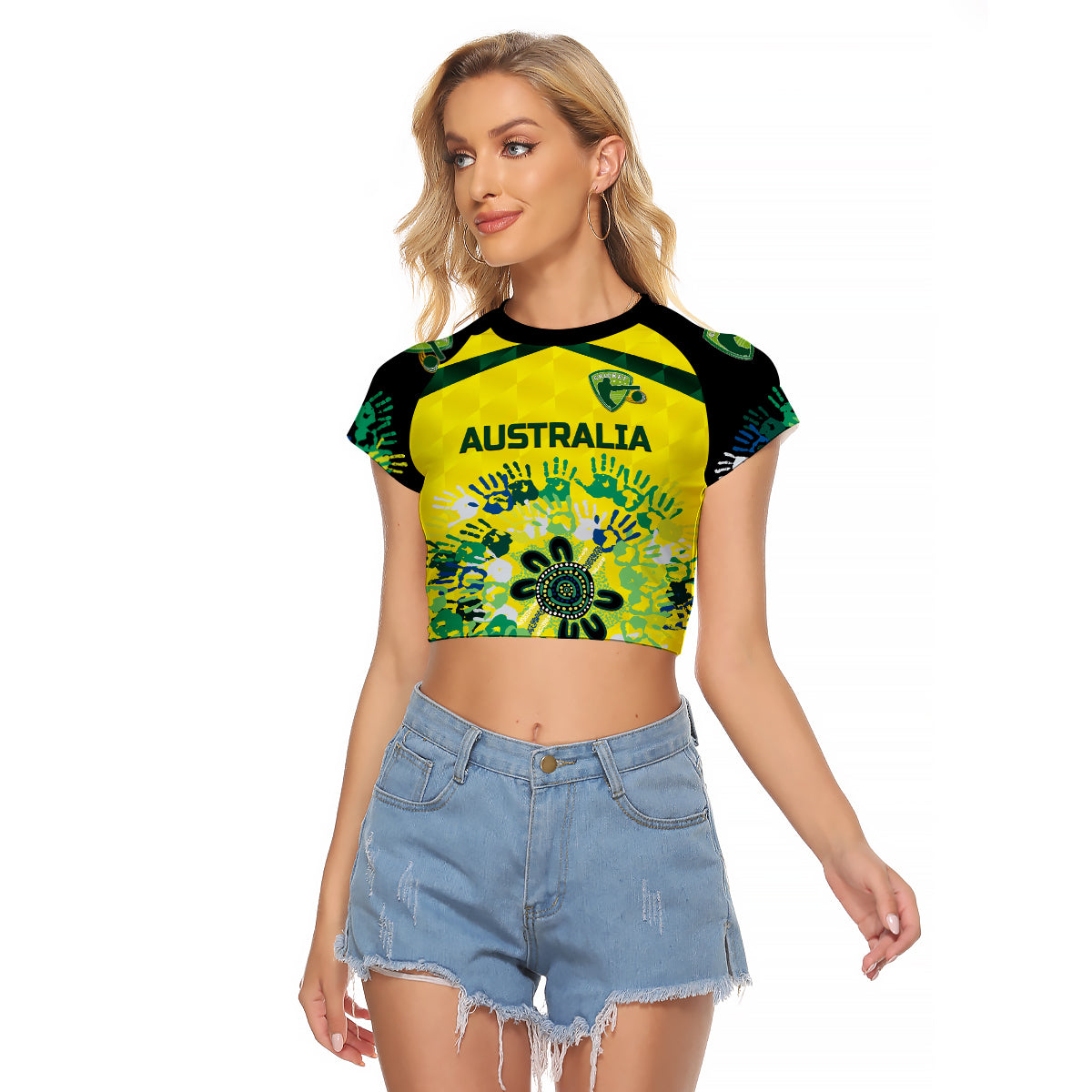 (Custom Personalised) Australia Cricket Raglan Cropped T Shirt Aboriginal Style Unique - Black LT8 - Wonder Print Shop