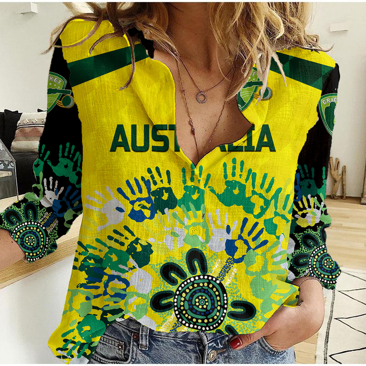 (Custom Personalised) Australia Cricket Women Casual Shirt Aboriginal Style Unique - Black LT8 - Wonder Print Shop