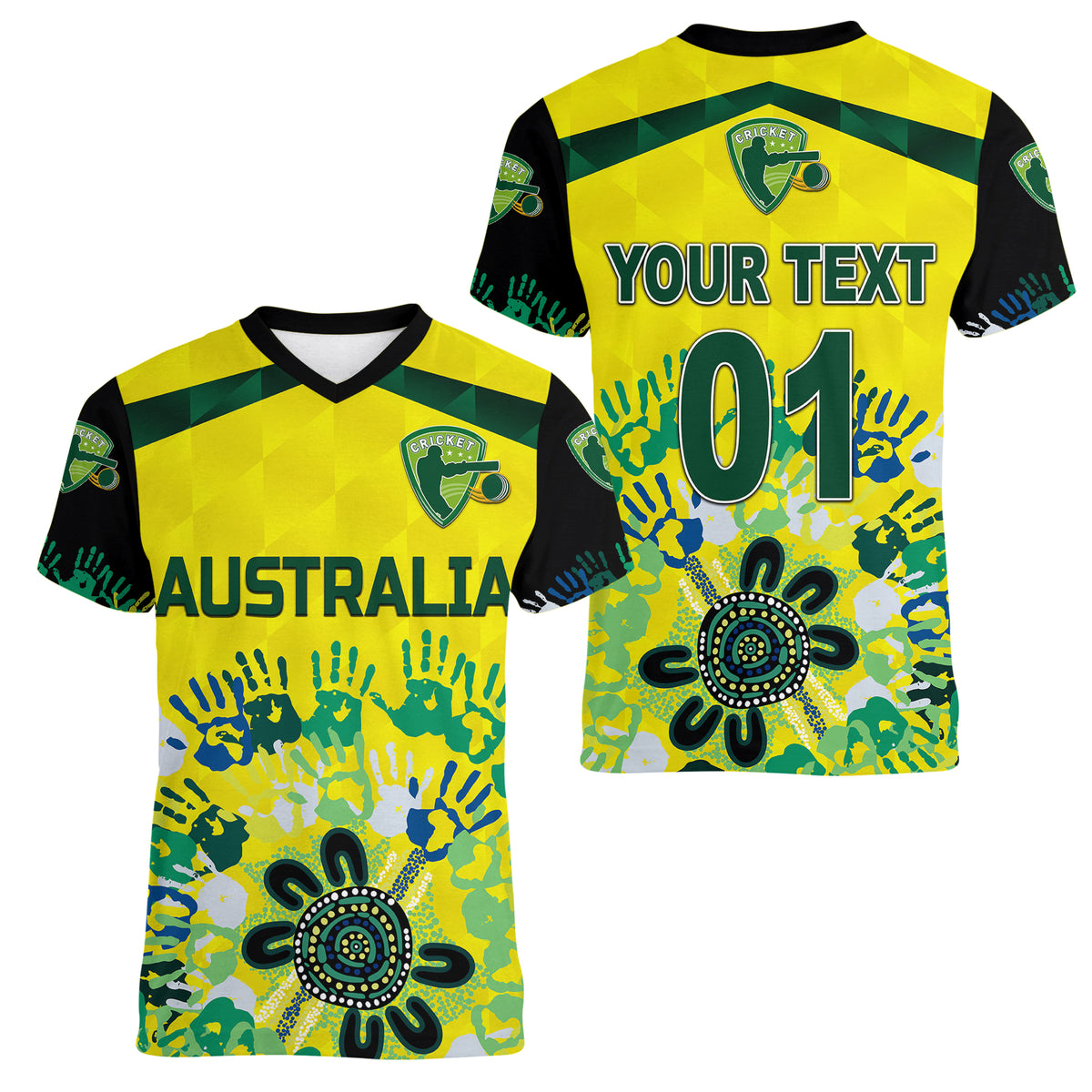 (Custom Personalised) Australia Cricket Women V Neck T Shirt Aboriginal Style Unique - Black LT8 - Wonder Print Shop