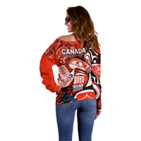 Canada Haida Off Shoulder Sweater Classic Haida Stylized Raven in red - Wonder Print Shop