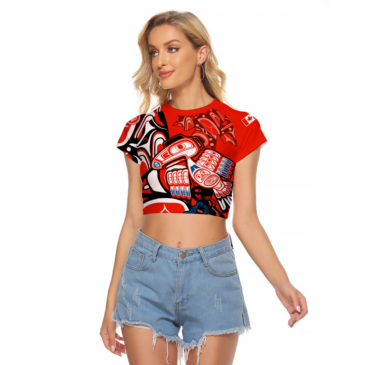 Canada Haida Raglan Cropped T Shirt Classic Haida Stylized Raven in red - Wonder Print Shop