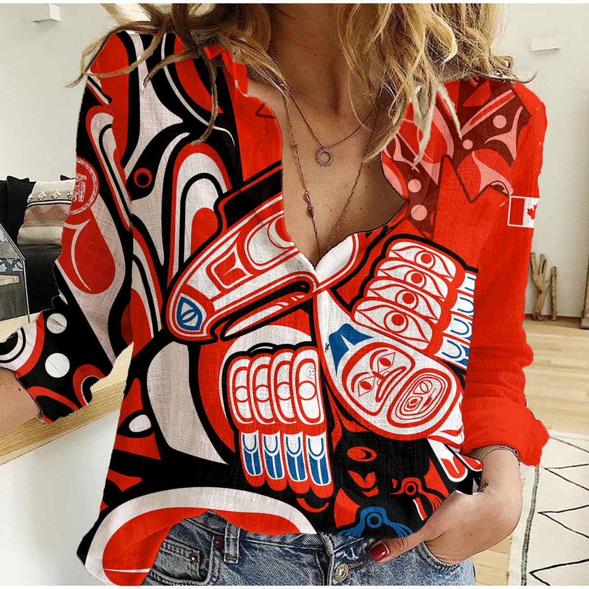 Canada Haida Women Casual Shirt Classic Haida Stylized Raven in red - Wonder Print Shop