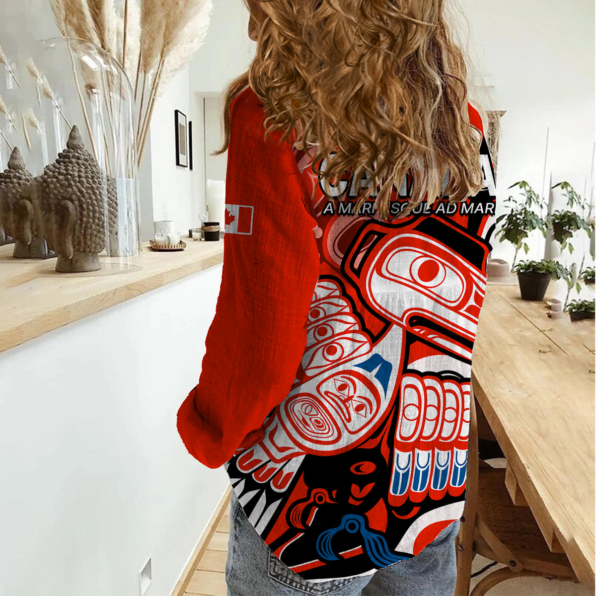 Canada Haida Women Casual Shirt Classic Haida Stylized Raven in red - Wonder Print Shop